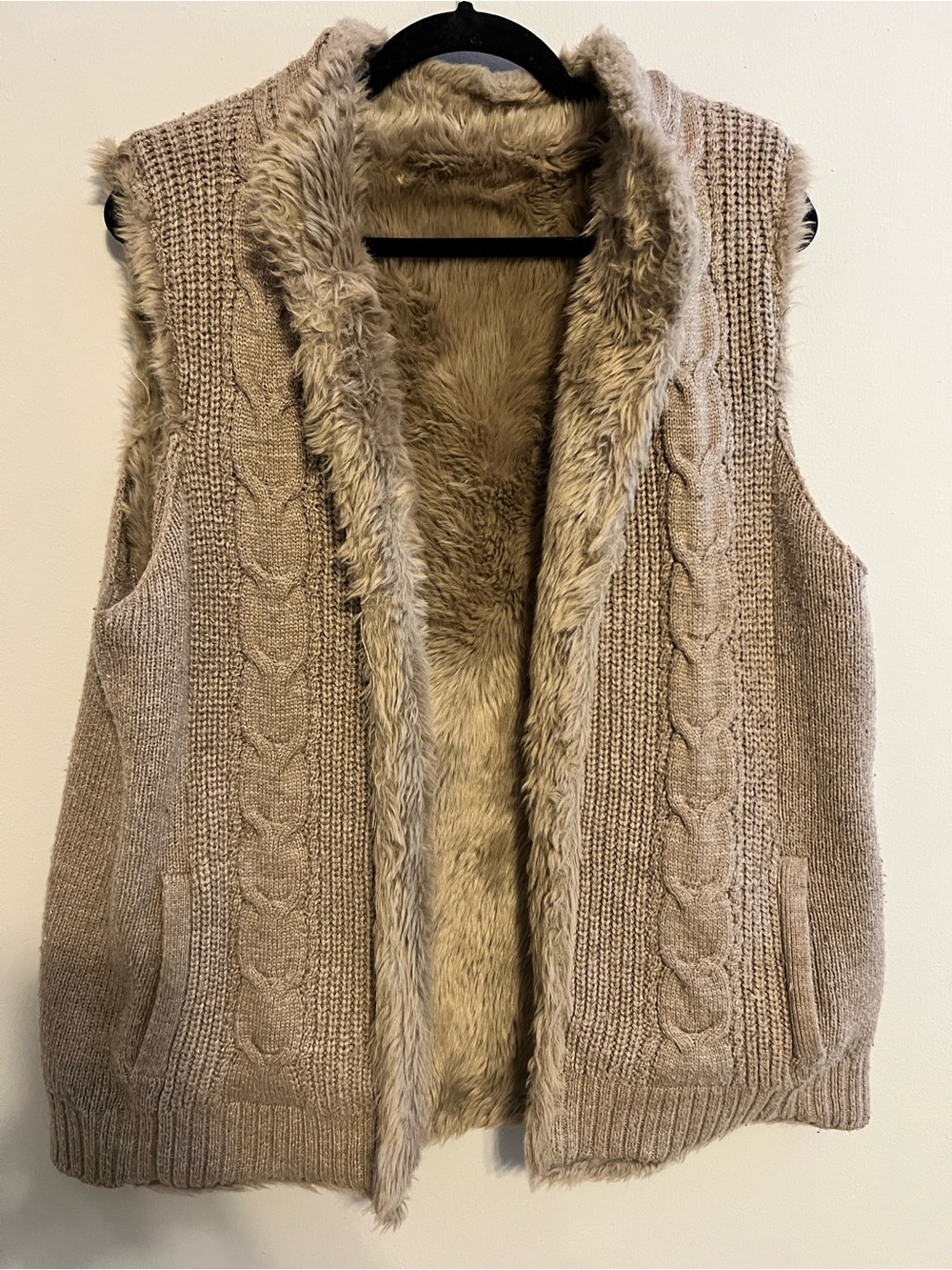 Old Navy Taupe Cable Knit Faux Fur Vest
